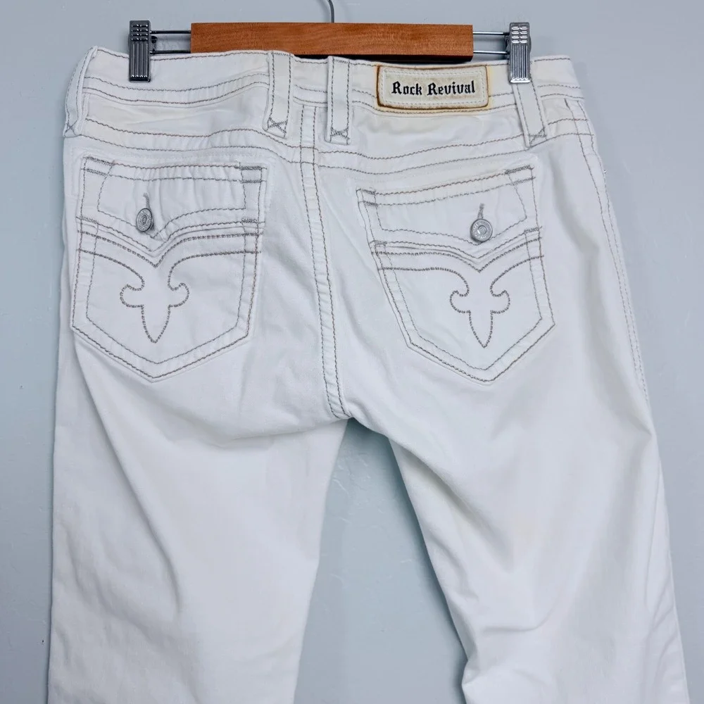 Rock Revival women's Arjean White Distressed Skinny‎ Jeans Thick Stitch 31